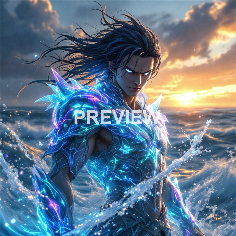 A digitally created, muscular male character with glowing blue eyes and an armor-like body made of luminous, crystalline material, standing amidst ocean waves during a sunset.